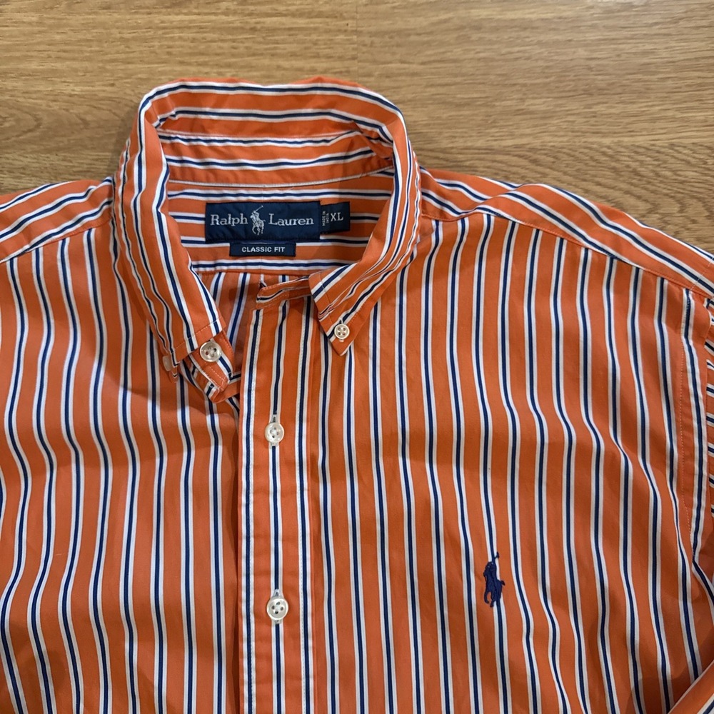 Polo‎ Ralph Lauren Shirt Men's XL Classic Fit Orange / Blue Striped Preppy